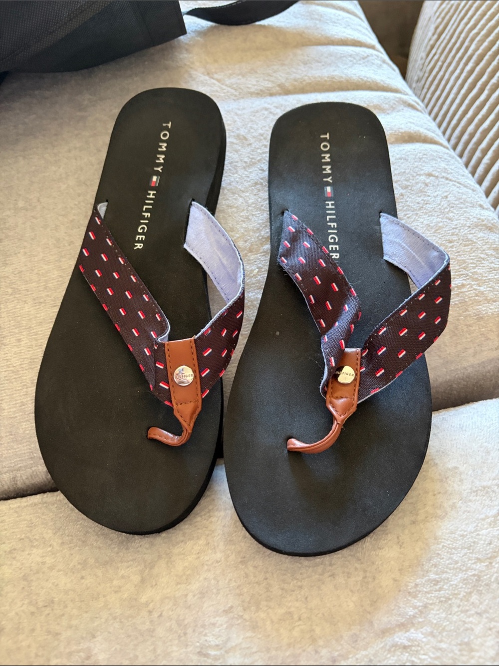 Tommy Hilfiger Sandals with Navy Straps and Red Stitching - 10